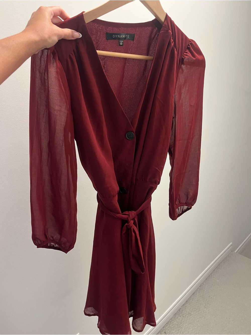 Dynamite Wine Red Sheer-Sleeve Wrap Mini Dress